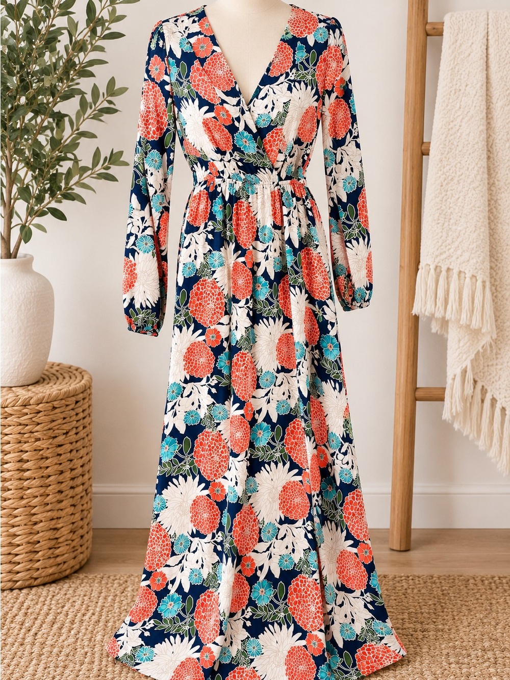 Dee Elle Floral Maxi Dress M Navy Coral Boho Long Sleeve